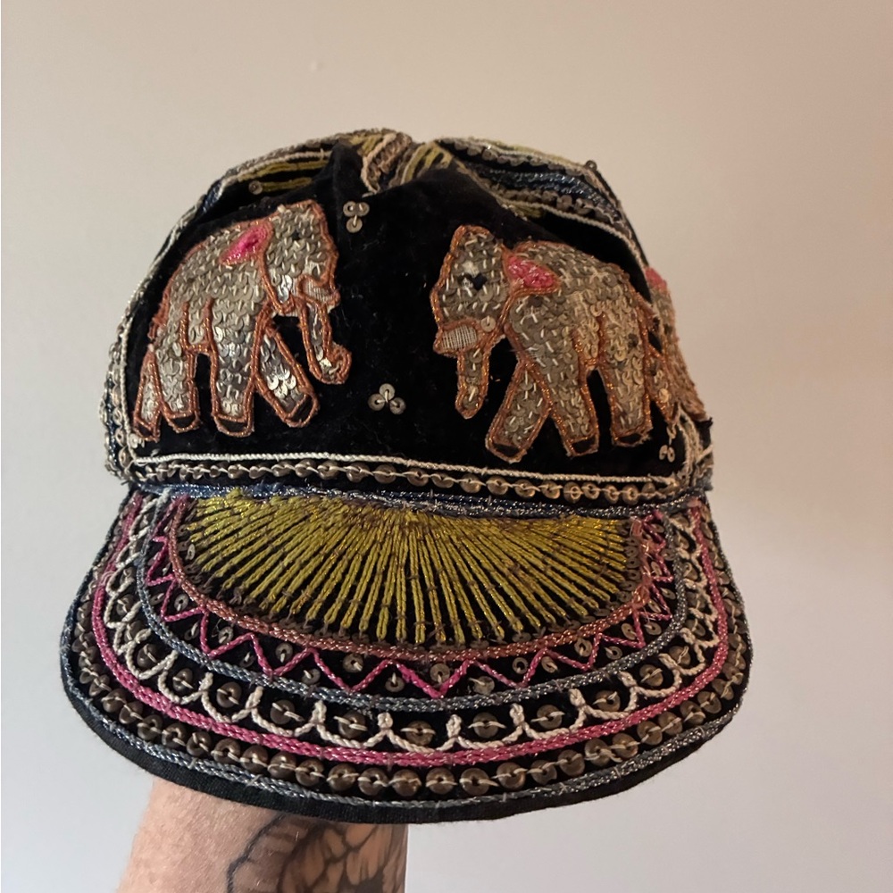 Vintage Embroidered Elephant Sequin Baseball Cap - Black with Gold & Pink